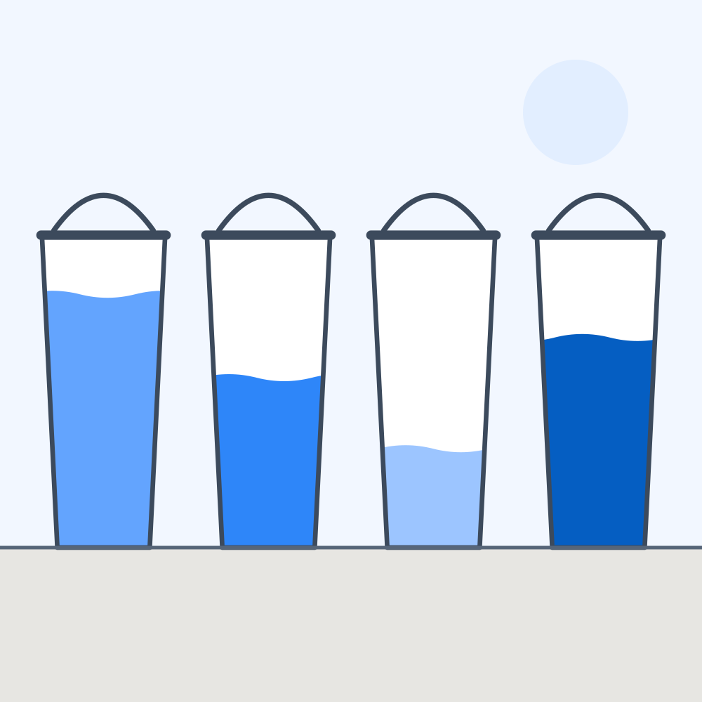 Four buckets in a row, each filled with water to a different level.