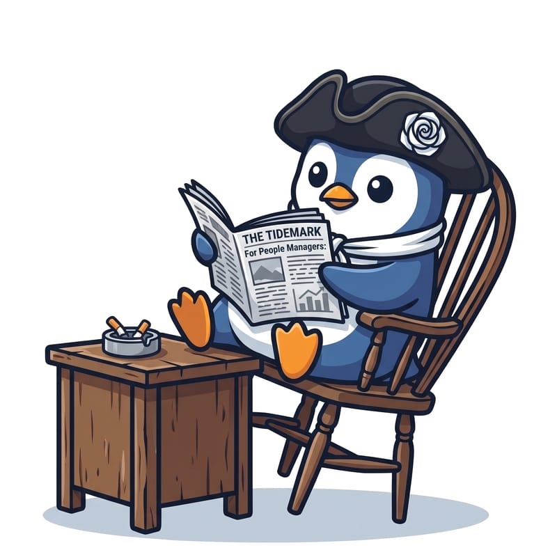 The Barkoe penguin, in a black tricorn hat with a white rose on it, leaning back in a wooden chair with its feet up on a small table, reading a newspaper headed “The Tidemark”.